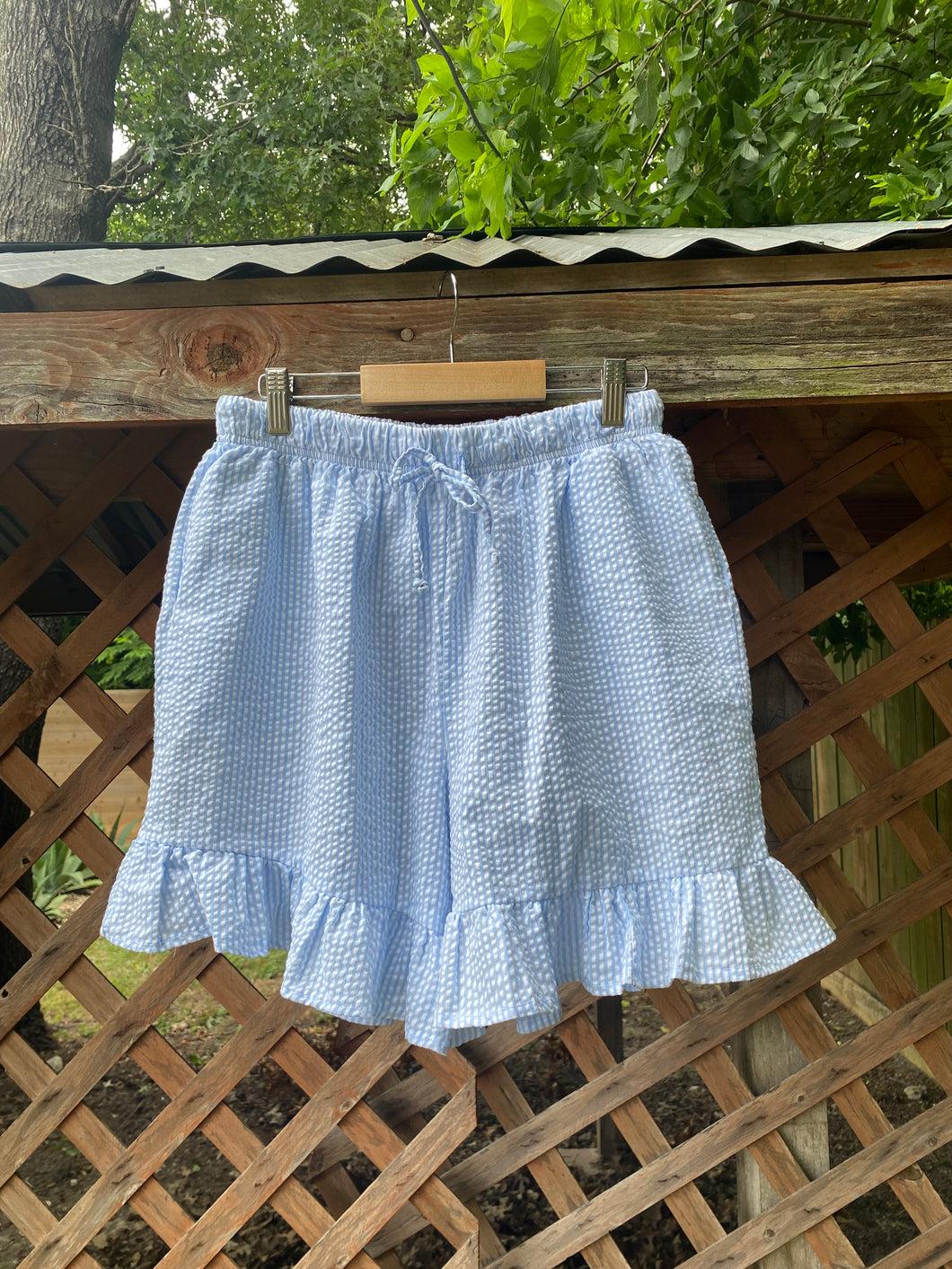 1990’s reworked seersucker high waisted ruffle shorts