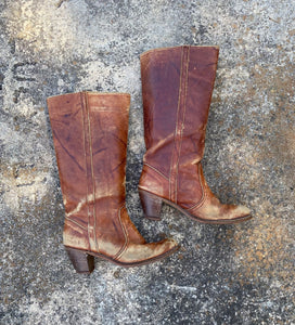 1970’s cognac leather knee high boots