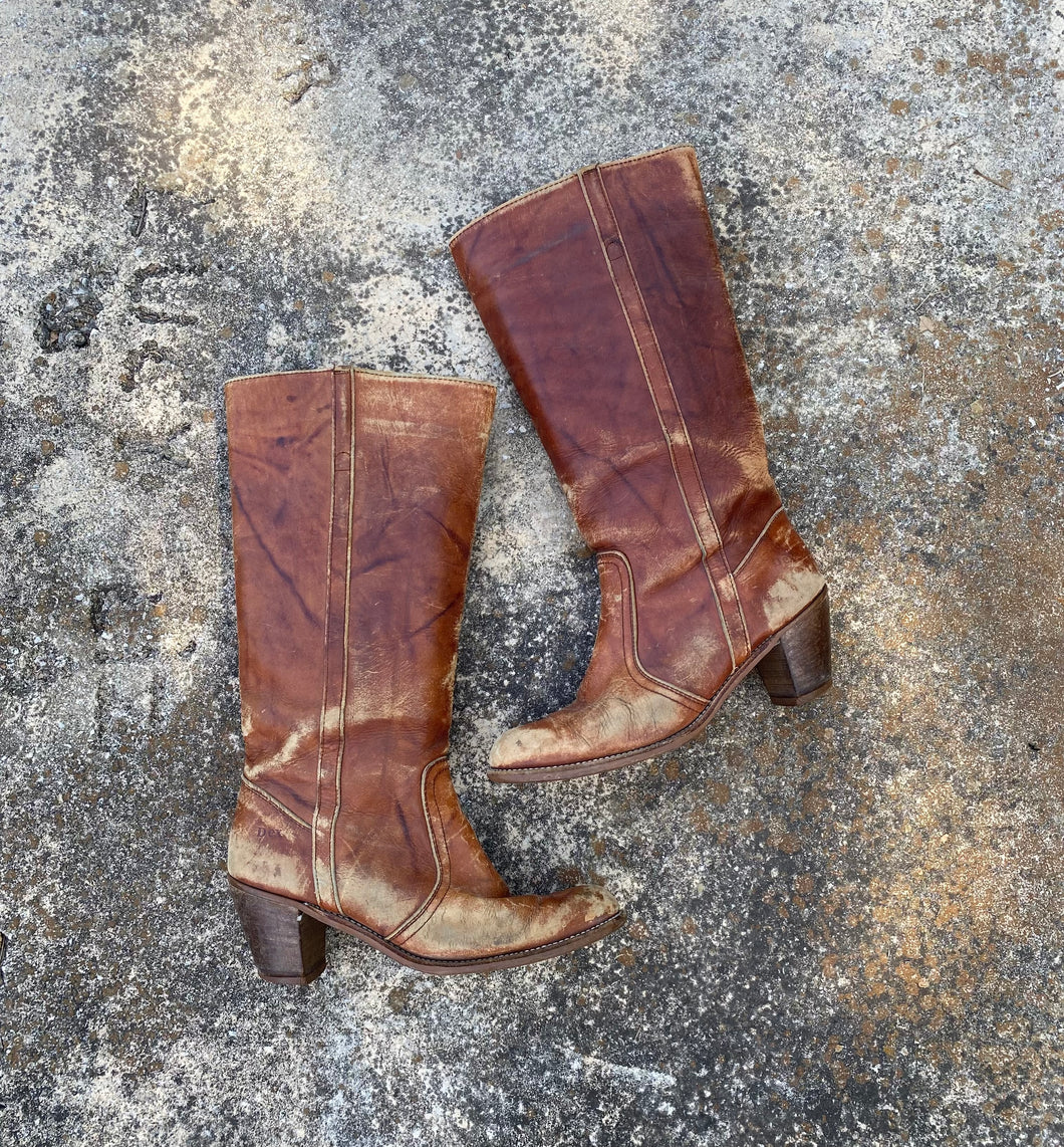 1970’s cognac leather knee high boots