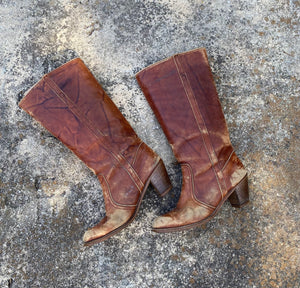 1970’s cognac leather knee high boots